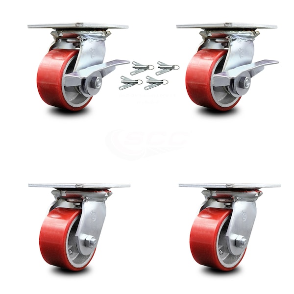 Service Caster 4 Inch Poly on Cast Iron Caster Set with Roller Bearing 4 Swivel Lock 2 Brake SCC-35S420-PUR-RS-SLB-BSL-2-BSL-2 - main